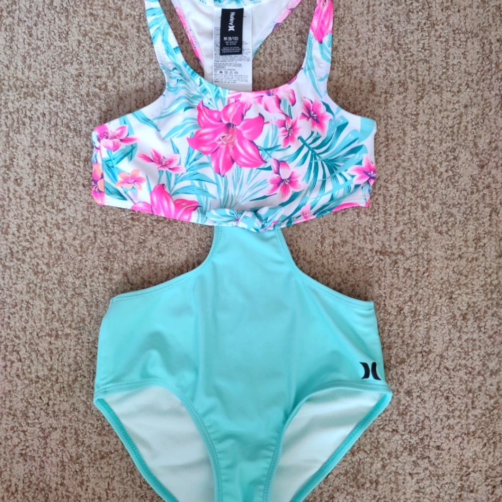 Girls Hurley Aurora Green & Pink Tropical Floral Tie-Front Monokini